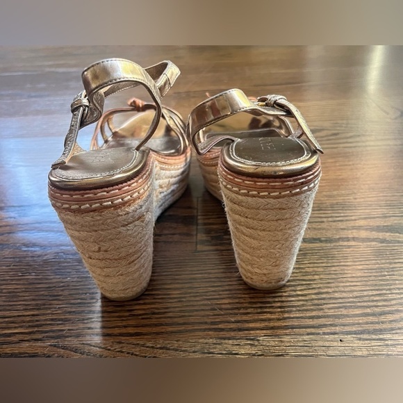 PRADA Patent Leather Espadrille Wedge Sandals Sz. 37 Gold/Brown Bow Accent - Picture 4 of 9